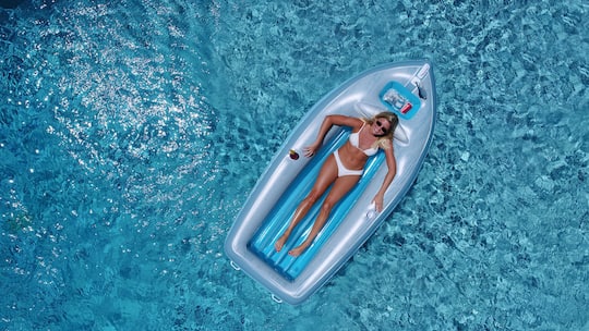 9ft. Inflatable Gray & Blue Classic Boat Cruiser Pool Float with Cooler